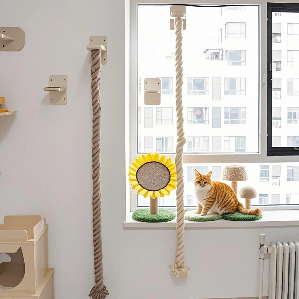 Poste rascador para gatos con escalera y plataforma de fieltro - imagen 4