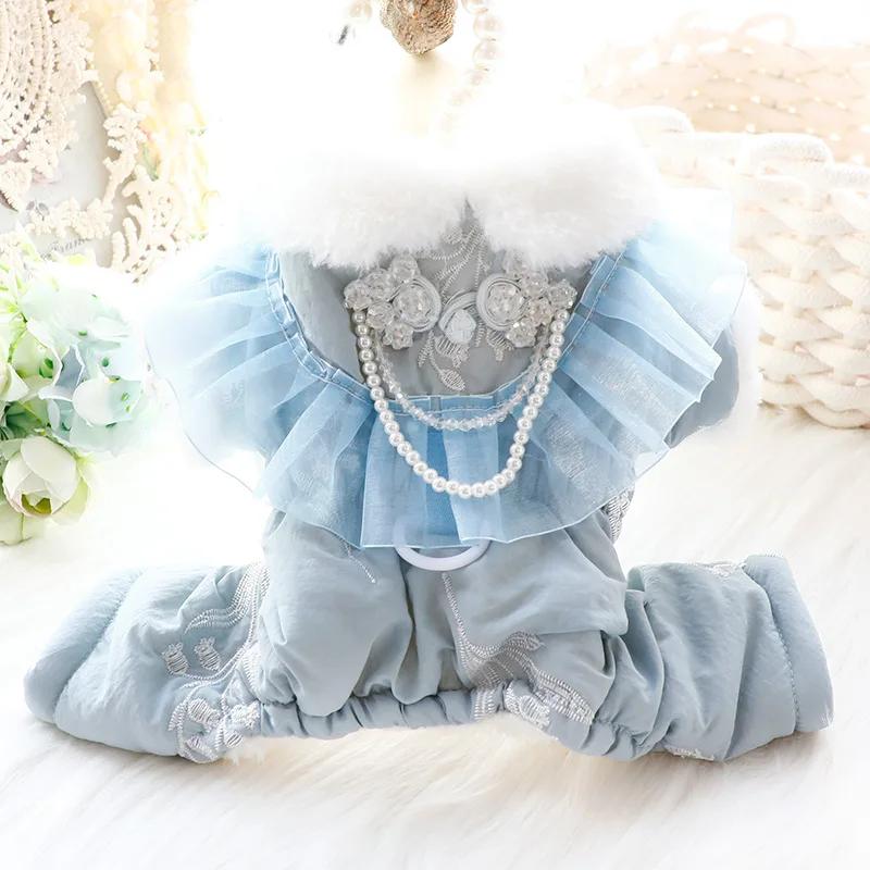 Nueva ropa de Otoño Invierno para perros, abrigo de algodón grueso y cálido para perros con cuello de piel sintética, ropa de princesa para perros pequeños - imagen 3