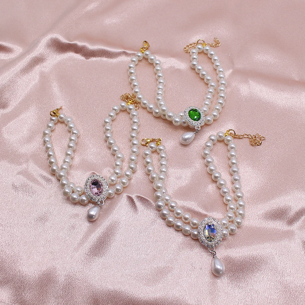 Collar de perlas ajustable para perro y gato, joyería con colgante de diamante, Collar de lujo para mascota, accesorios para disfraz de boda, cumpleaños y graduación - imagen 2