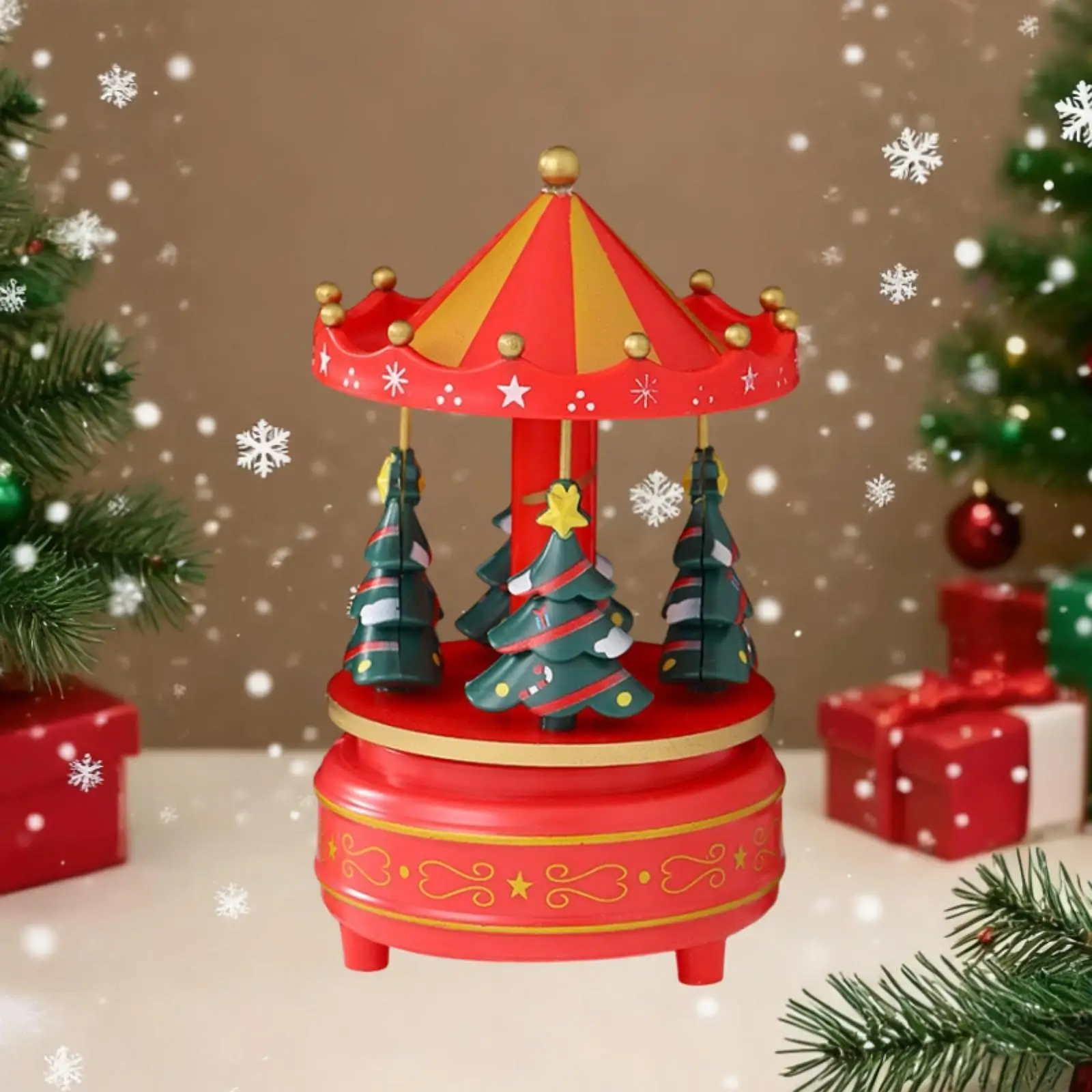 Christmas Carousel Music Box Decoration Xmas Tree Design Hand Painted Fine Craftsmanship for New Year Gifts 4.1x6.9inch