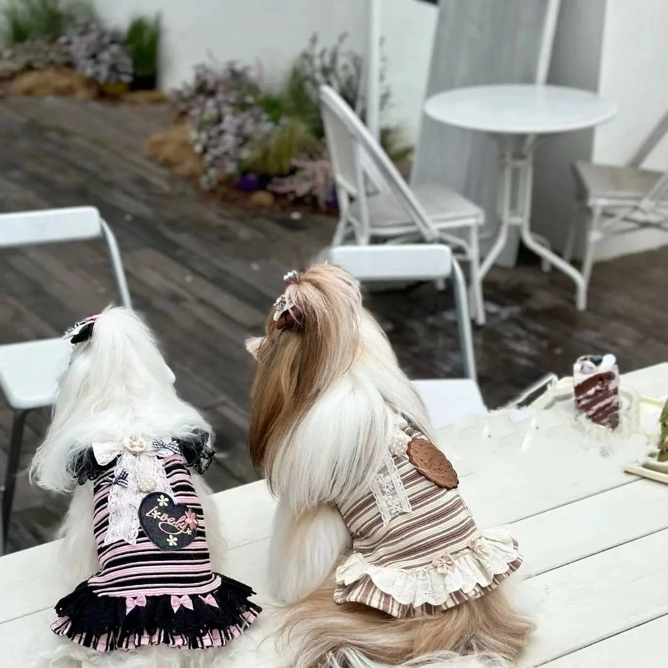 Chaleco con tirantes y manga voladora de encaje a rayas para mascotas, falda de princesa con lazo de malla, Top bonito de primavera, vestidos para perros pequeños, ropa para cachorros - imagen 2