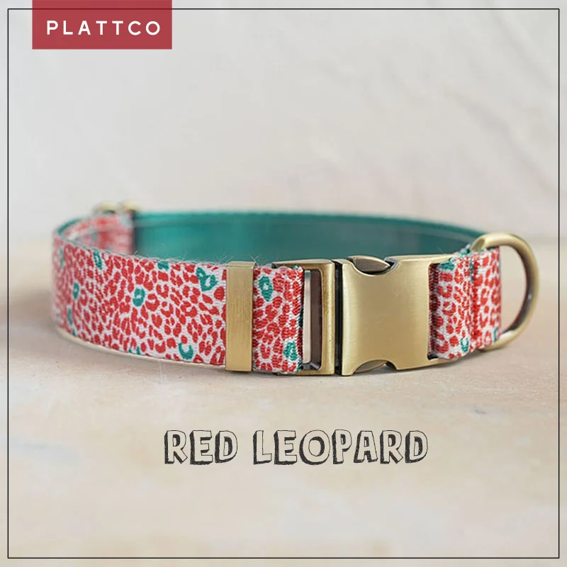 PLATTCO Collar de perro de diseño único estampado LEOPARD ROJO con hebilla de bronce de alta calidad 5 tamaños PDC332Br