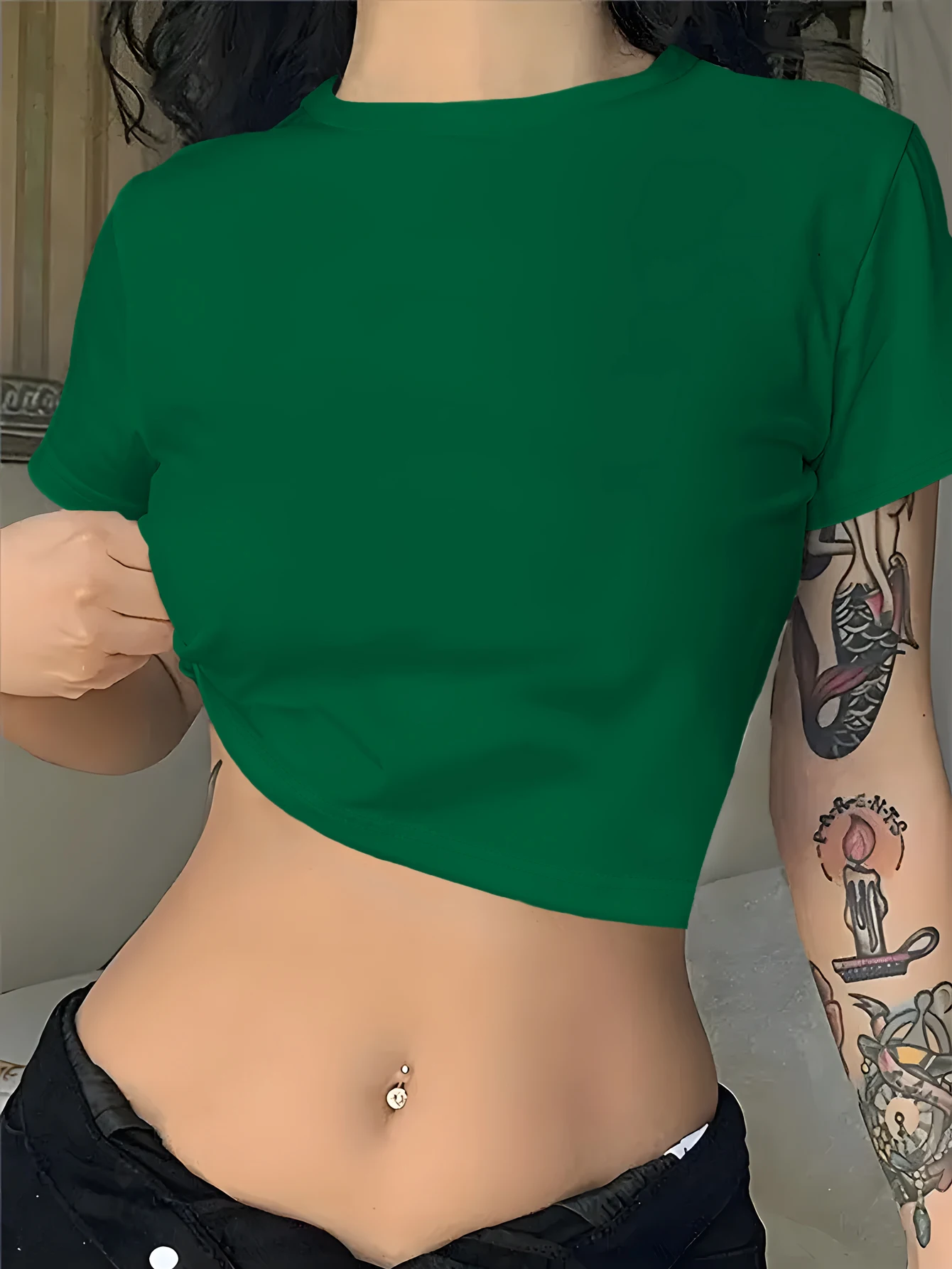 Camiseta de manga corta a la moda para mujer: cuello redondo, color sólido, tela suave, ropa informal holgada para primavera y verano para mujer - imagen 4