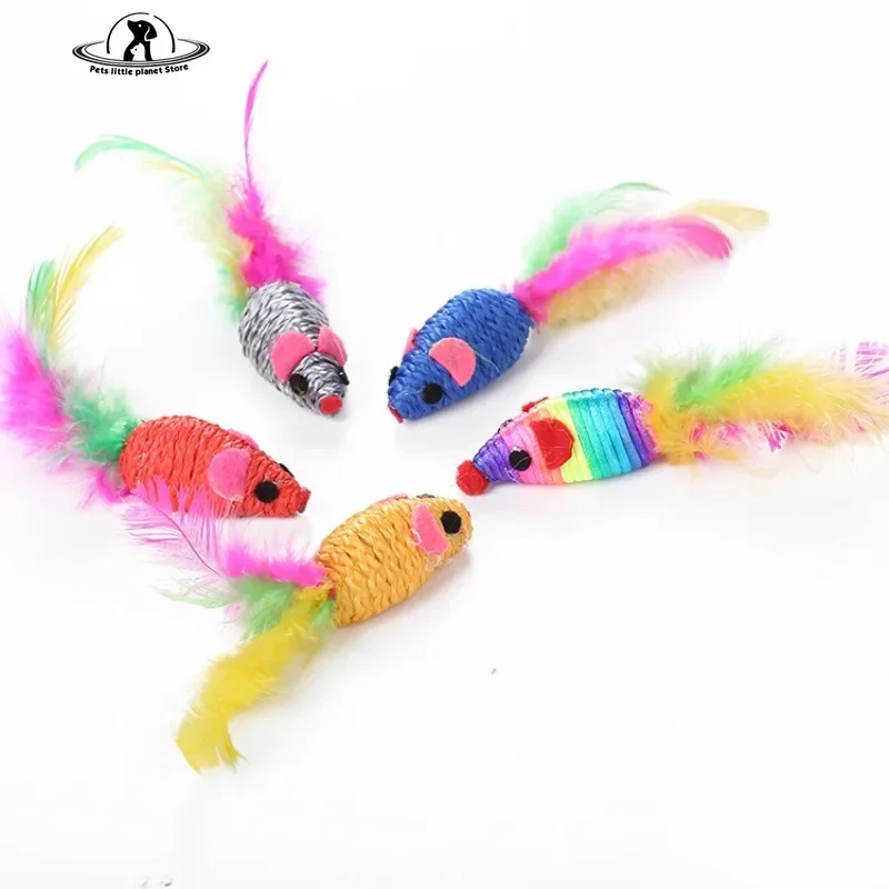 Juguetes de vellón suave para gatos, ratón falso para gatitos, divertido juguete para gatos con plumas de colores, juguete interactivo para gatos, accesorios para gatos - imagen 2