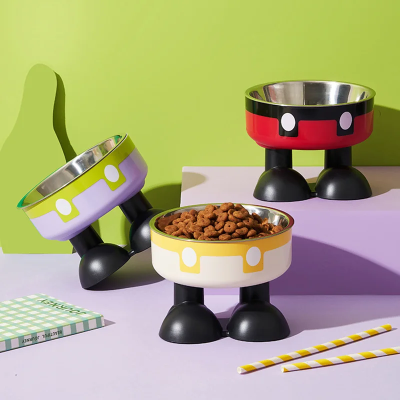 Cuenco para gatos con dibujos animados, cuenco alimentador para mascotas de acero inoxidable con soporte, cuenco para beber de gatito de pie alto, cuenco antideslizante para mascotas - imagen 2
