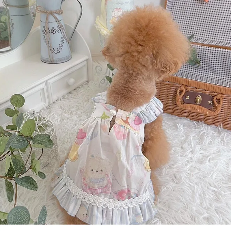 Vestidos para cachorros Ins, vestido de verano para perros, vestido con estampado de dibujos animados de encaje con volantes, trajes de peluche, Chihuahua, caniche, ropa, vestido de gato - imagen 3