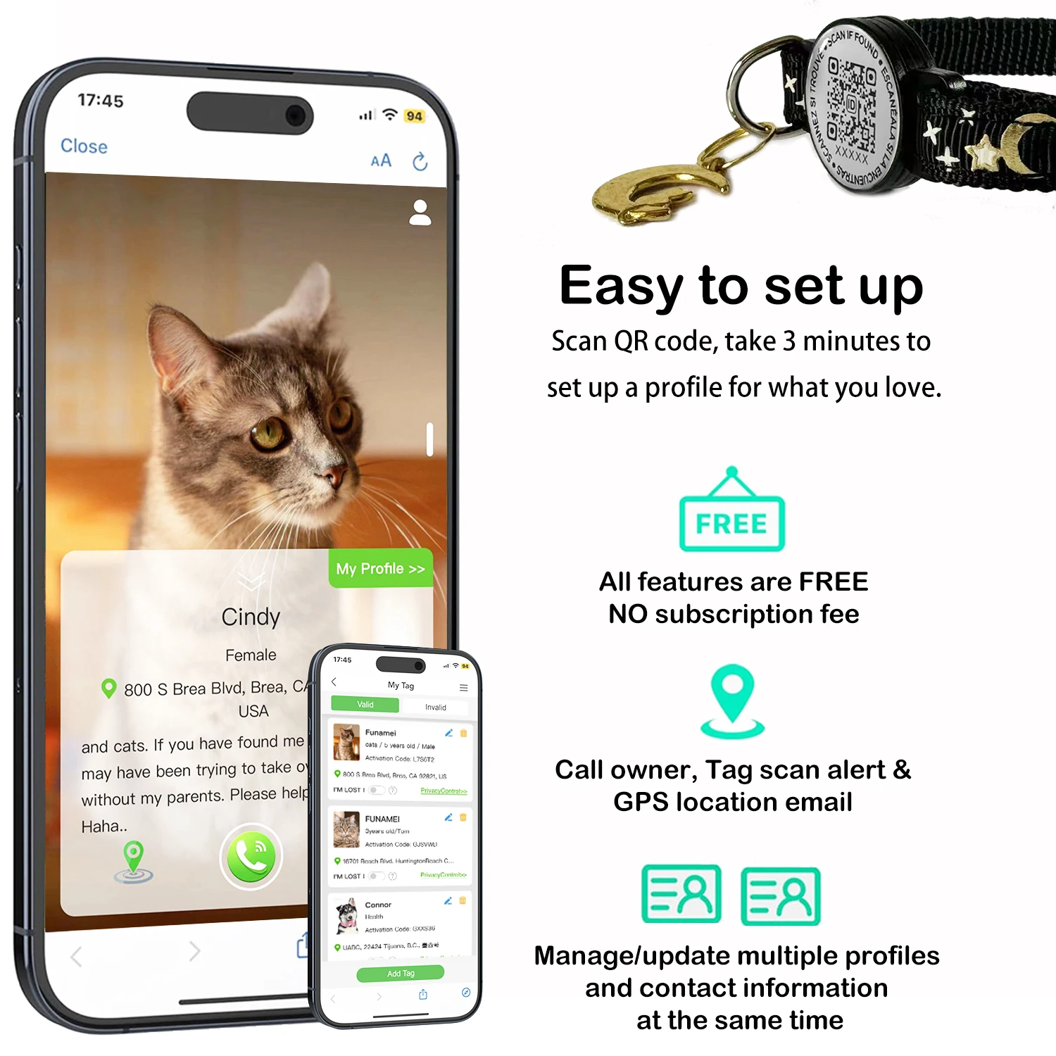 Collares de gatito con adornos de luna con soporte de airtag de manzana, Collar de gato desmontable con etiqueta de nombre de código QR etiqueta de identificación de gato gatos personalizados - imagen 4