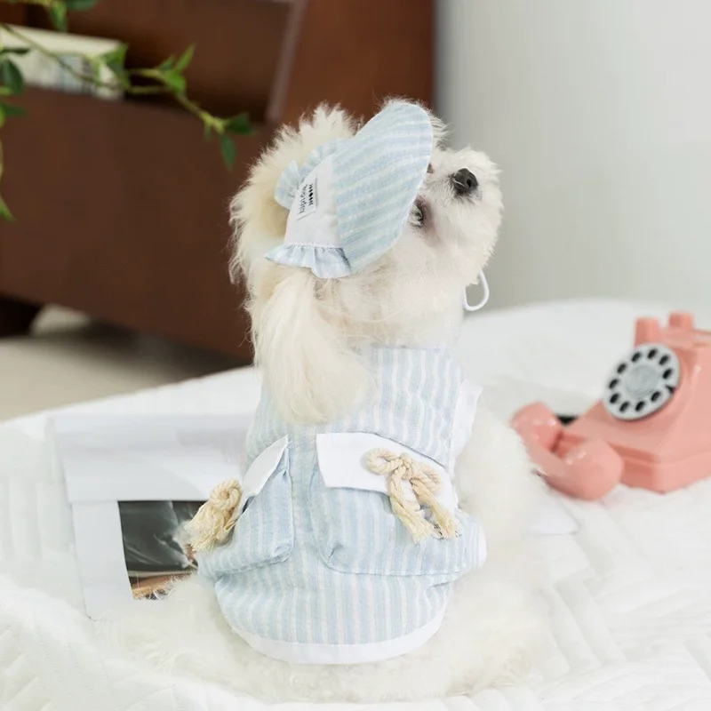 Ropa para perros con sombrero, conjunto de chaleco para mascotas, camiseta a rayas para perros, disfraz bonito para cachorros y gatitos, Chihuahua Bichon, ropa refrescante para niñas con hebilla - imagen 2
