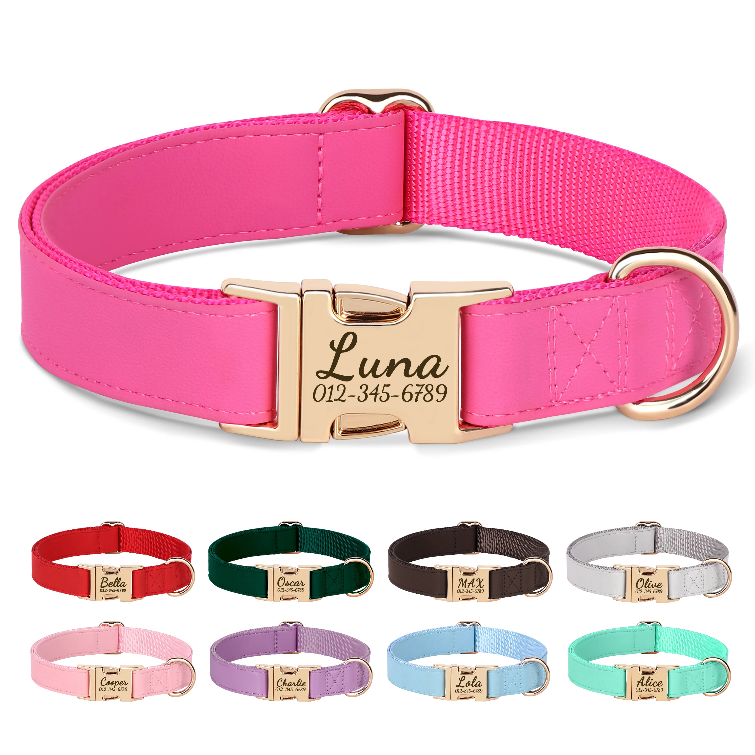 Collar de perro grabado personalizado, collares de cuero antipérdida para perros, Collar personalizado con hebilla para mascotas para perros pequeños, medianos y grandes, Bulldog Pug - imagen 2