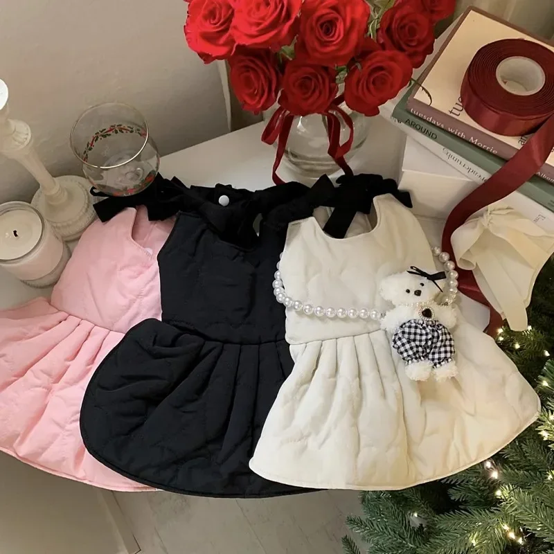 Sin bolsa, ropa de algodón para mascotas de princesa para perros, ropa de invierno de peluche, vestido cálido para cachorros de Pomerania, ropa gruesa de Yorkshire