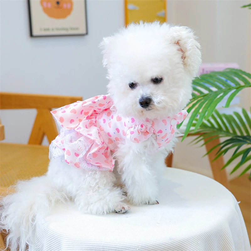 Vestidos de verano con estampado de corazón para perros pequeños, monos de princesa en capas para gatos maltés, ropa para fiesta de cumpleaños con lazo para mascotas - imagen 4