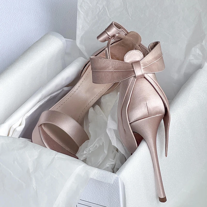 Sandalias de tacón aguja con lazo champagne para mujer eventos fiestas - imagen 2