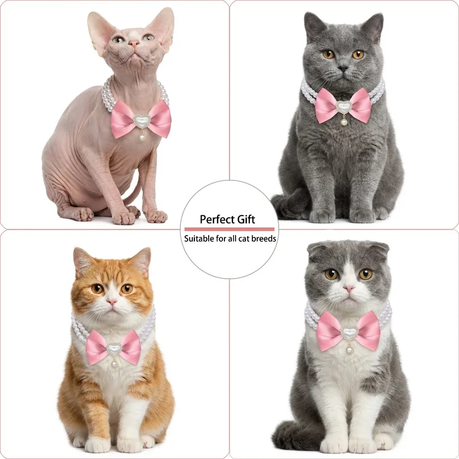 Collar perlas lazo rosa corazón cristal para gatos y perros pequeños - imagen 4