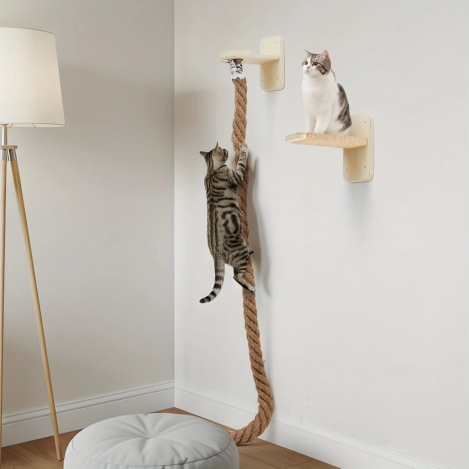 Cuerda de escalada para gatos montada en la pared, rascador de cuerda de Sisal y perchas de madera, perfecto para escalar gatos, garras y descansar