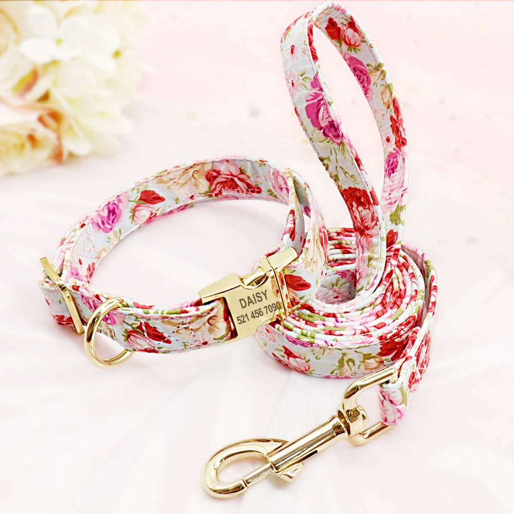 Collar de perro con flores personalizado, conjunto de correa con arnés, chaleco para cachorros y gatos con estampado personalizado, correas para perros pequeños y medianos, S-XL - imagen 4
