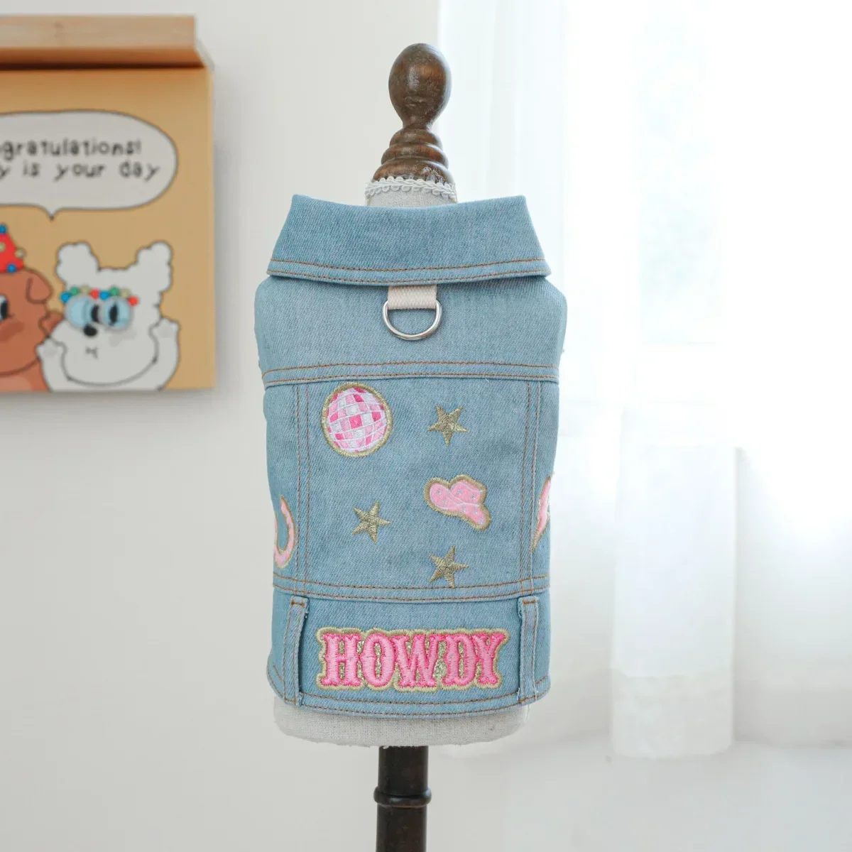 Chaleco vaquero bordado rosa para mascotas, chaqueta vaquera para perros, ropa para gatos, abrigo dulce para mascotas, ropa para cachorros, chaqueta para perros pequeños - imagen 2