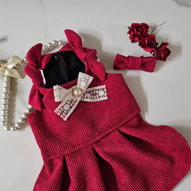 Lindo cachorro lazo rojo vestido con nudo para mascota conjunto invierno ropa cálida para perros mascota vestido de princesa de Navidad Teddy falda de Color sólido enviar Clip - imagen 2