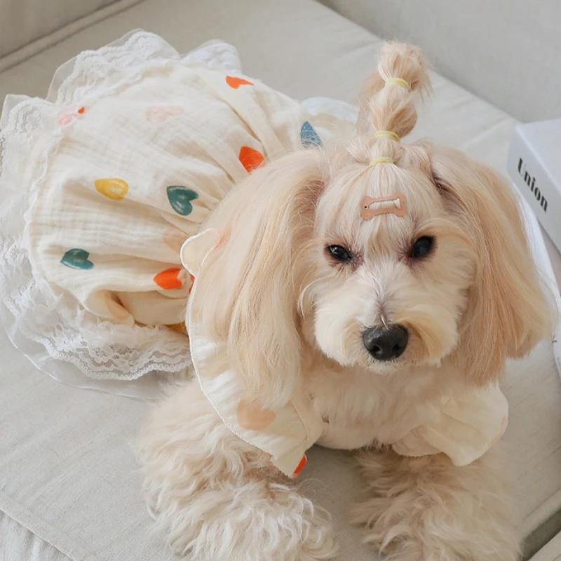 Material de hilo de algodón para bebé, falda de muñeca con manga voladora pequeña de amor amarillo claro, adecuada para perros gatos, para usar en todas las estaciones, suave