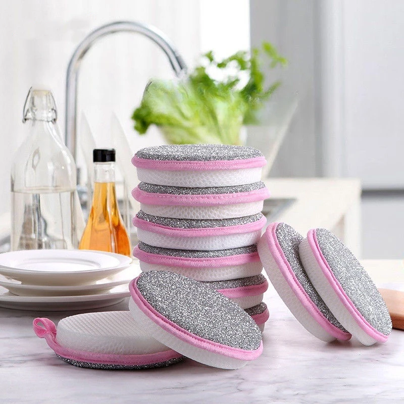 Esponja redonda de doble cara para lavar platos, cepillo lavable reutilizable para el hogar, sartén, Herramientas de limpieza de cocina, 1/5/3 piezas