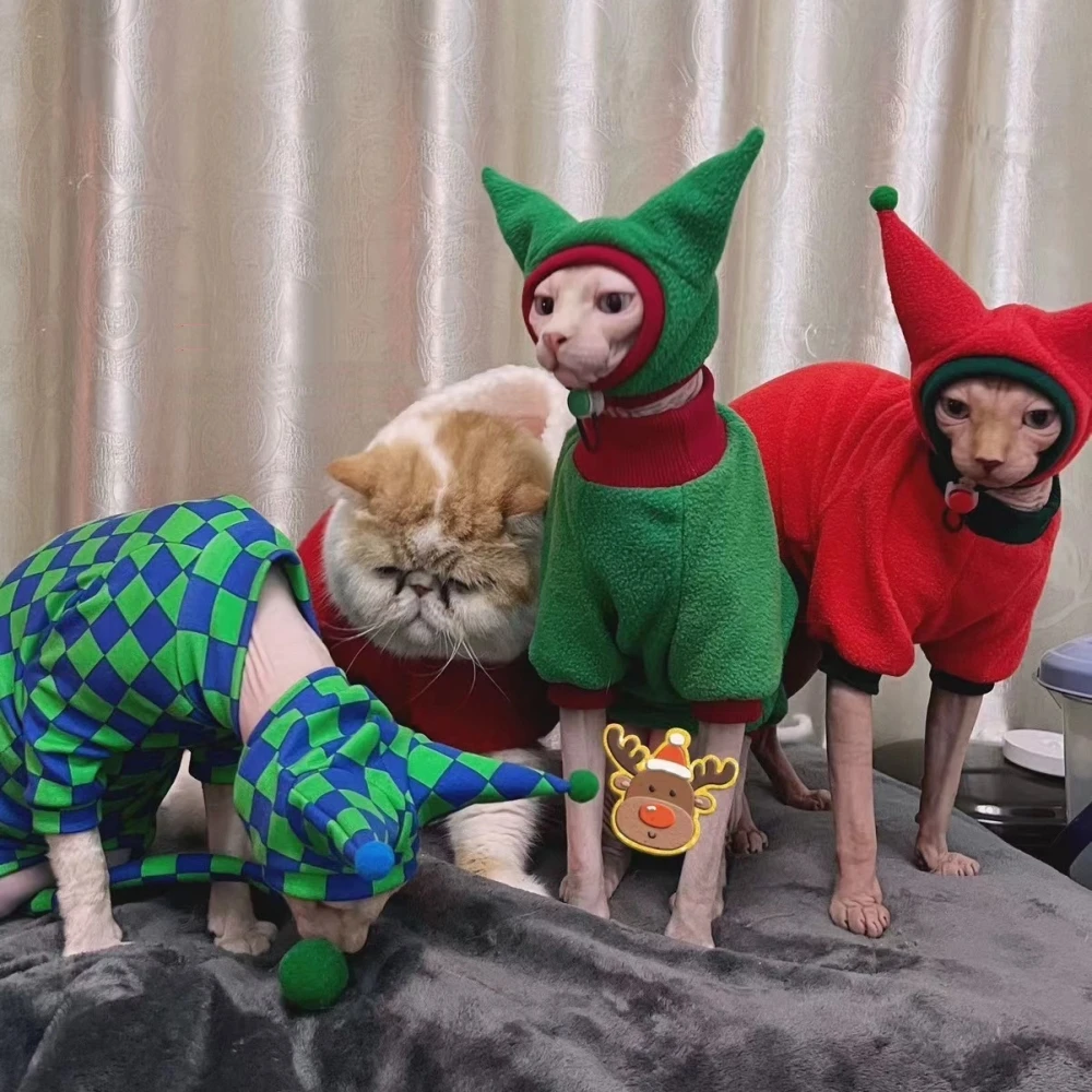 Abrigo de Navidad Sombrero Traje para Gato Invierno Cálido Manga Larga Chaqueta de forro polar para Sphynx Gato Rojo Verde Sudadera suave Suéter para perros - imagen 3