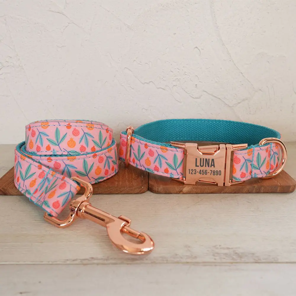 Collar de perro personalizado con grabado gratuito, correa para mascotas a juego, hebilla de Metal de contactos personalizados, Collar de huerto de Granada