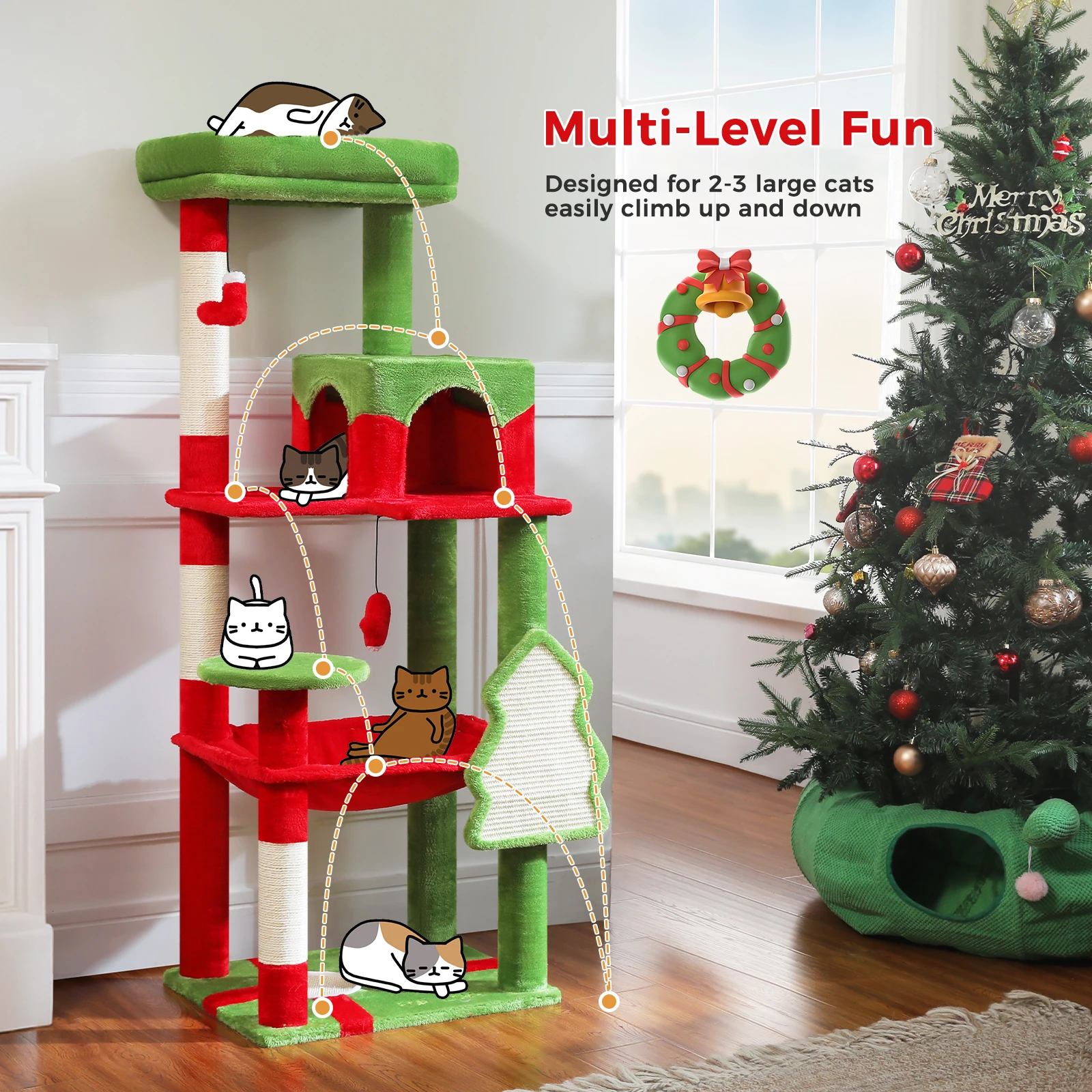 Torre de árbol para gatos navideña con decoración festiva, torre para gatos roja con hamaca espaciosa, 3 postes para rascar y 3 bolas de juguete navideños - imagen 4
