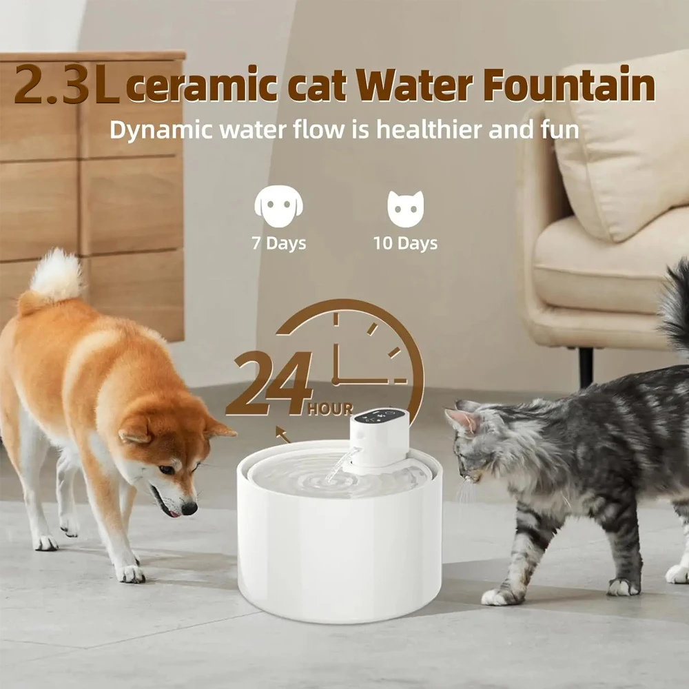 Fuente de agua automática de cerámica para gatos, dispensador de agua inalámbrico para mascotas con pantalla de temperatura y nivel de agua, bebedero para mascotas, 2,3l