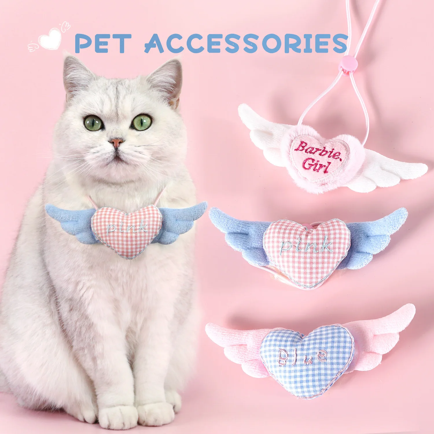 Collar de alas de amor a cuadros para mascotas, alas de peluche para gato, bufanda de princesa, Collar bonito rosa y azul, Collar decorativo para perro, accesorios para perros