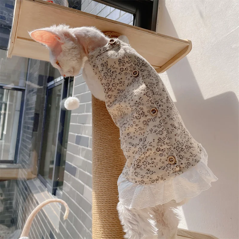 Vestidos de verano retro beige para gato Falda de algodón floral de encaje de verano para Sphynx Cat Camiseta suave para gatitos Abrigo de primavera para Devon Rex - imagen 4
