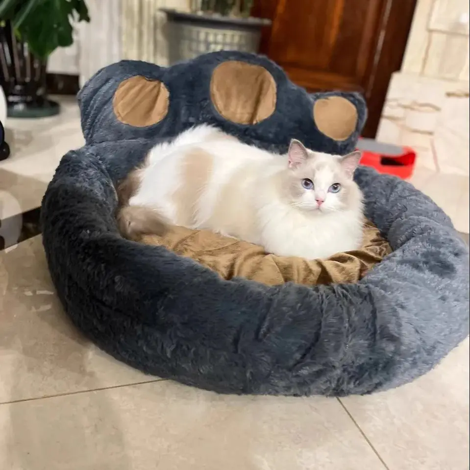 Cama cálida de invierno para mascotas, diseño de pata de oso, nido de peluche suave para perros y gatos, cubierta lavable extraíble, almohadilla antideslizante para perrera para mascotas pequeñas y medianas - imagen 3