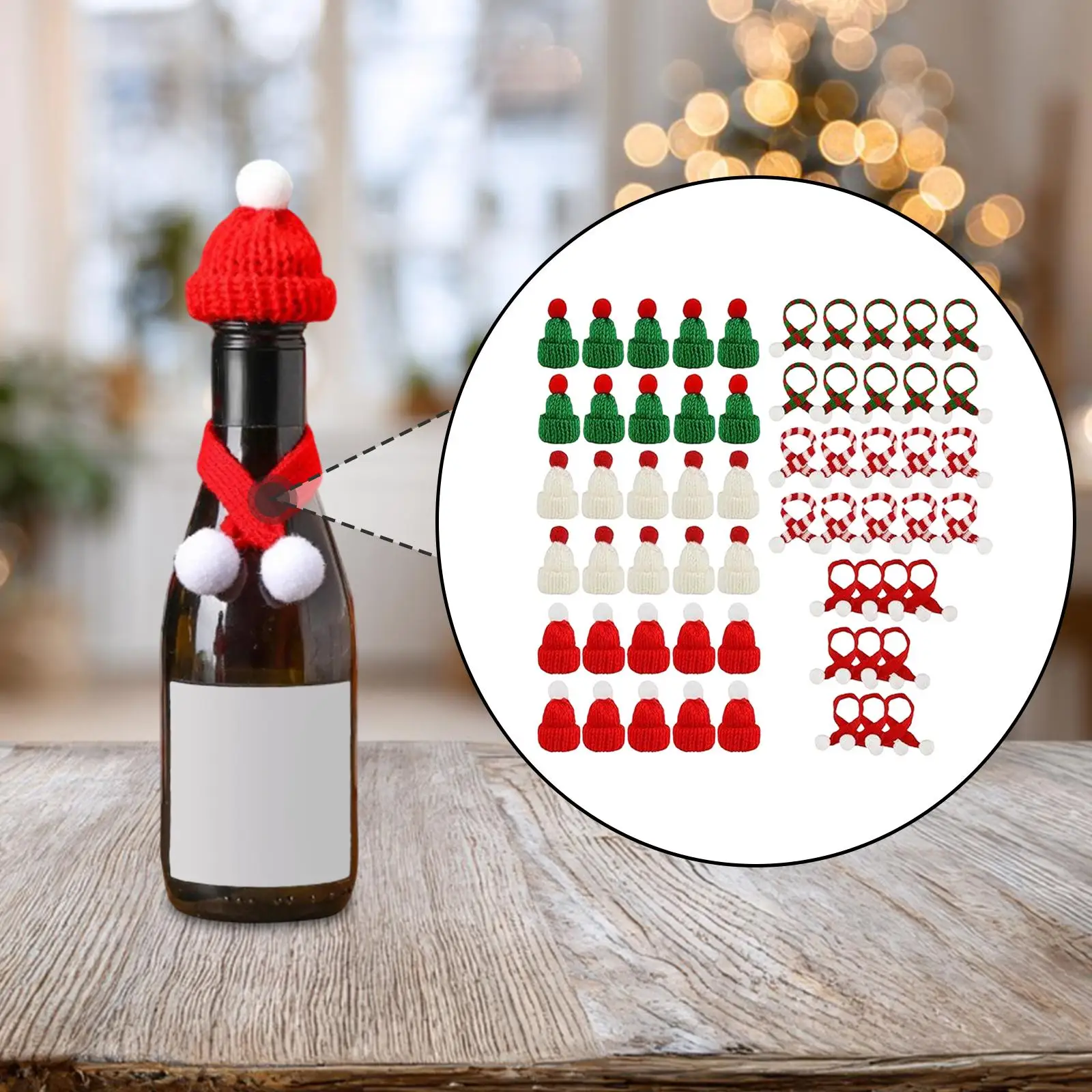 Mini conjunto de gorro y bufanda de punto, adorno navideño, cubierta para botella de vino, decoración navideña para broches
