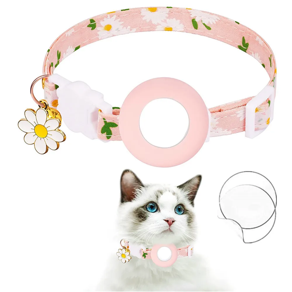 Collar ajustable para gatos con AirTag y campana - Diseño margarita