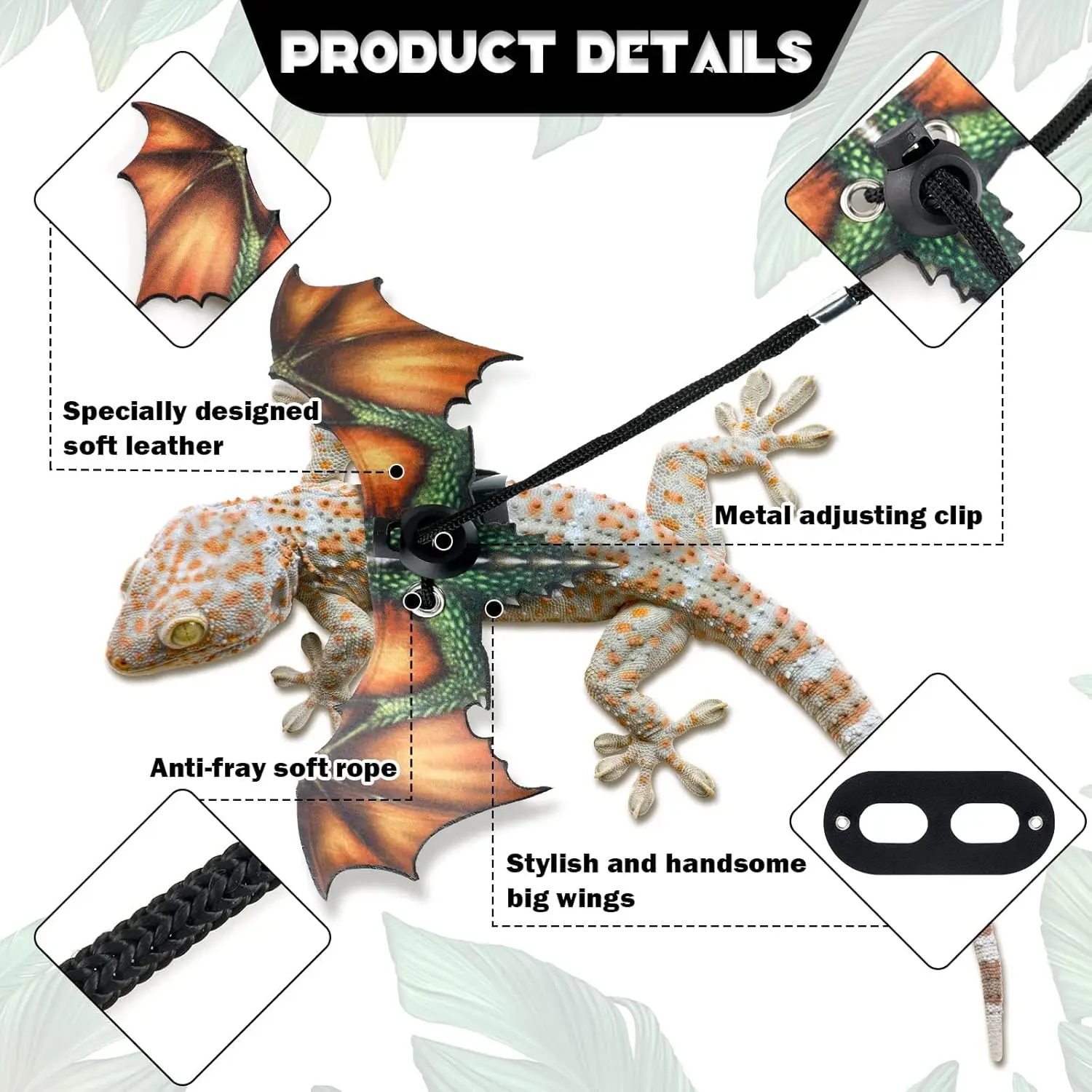 Arnés de correa de lagarto dragón barbudo, arnés ajustable de cuero fresco con ala de dinosaurio, arnés para reptiles, correa para lagarto dragón barbudo - imagen 3