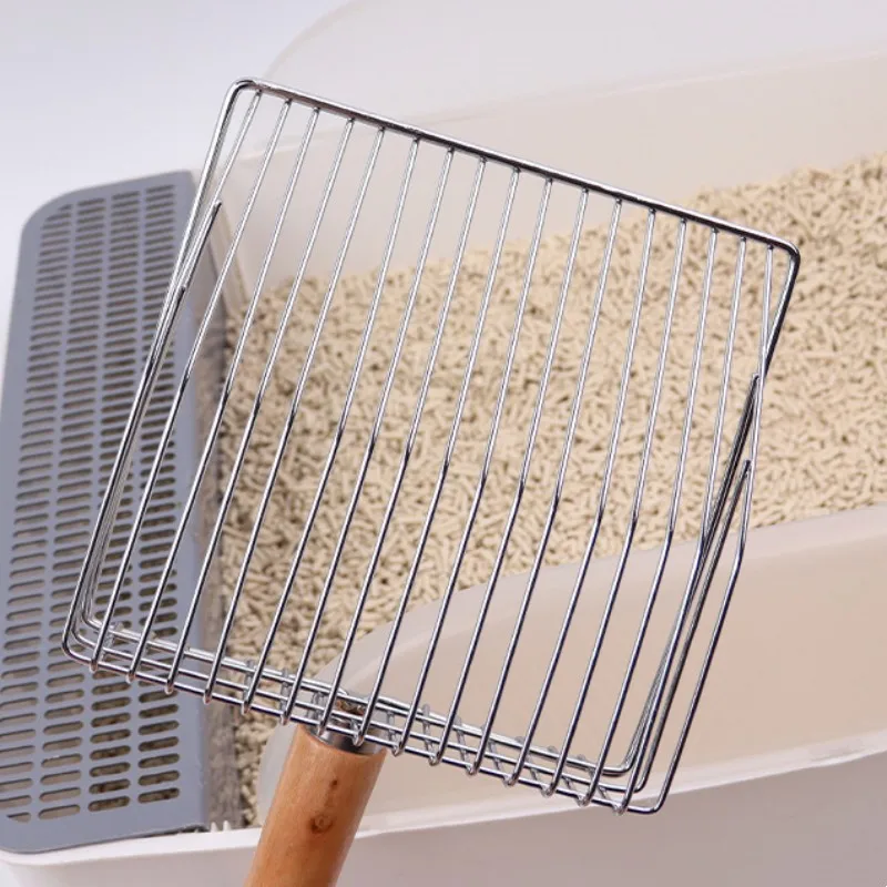 Pala de acero inoxidable para arena de gato, pala con mango de madera para limpieza de inodoro, suministros para mascotas - imagen 4