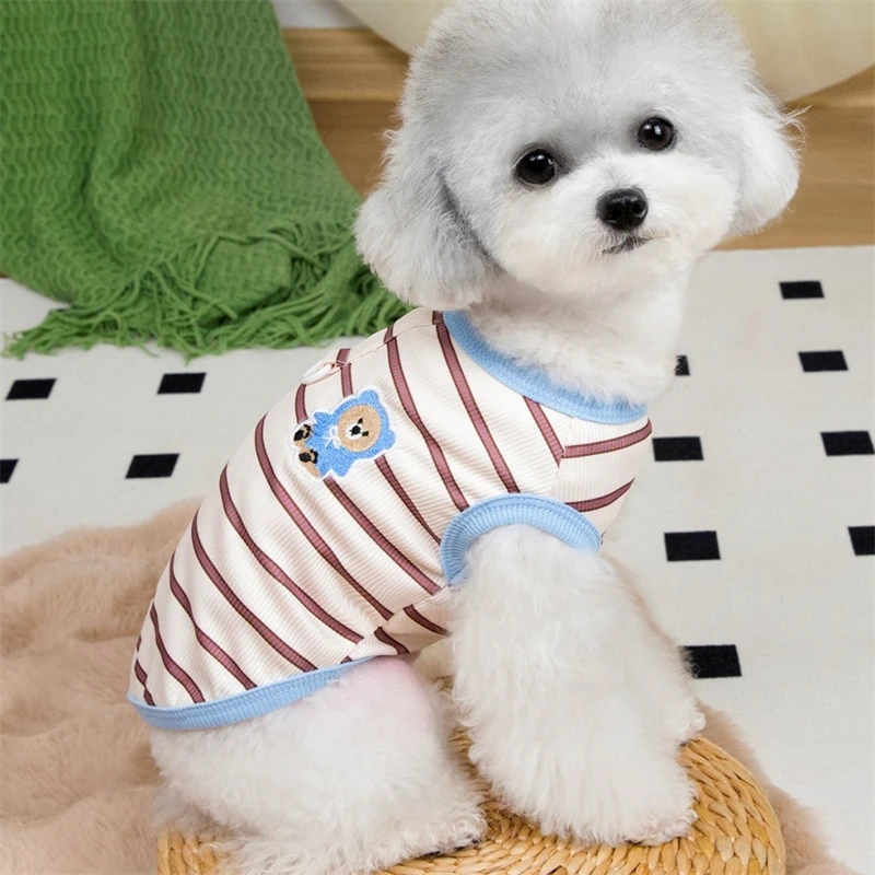 Chaleco para perro mascota con oso de dibujos animados para Chihuahua, ropa clásica a rayas con cuello redondo, ropa de verano para gatos, monos para cachorros frescos y transpirables Unisex - imagen 2
