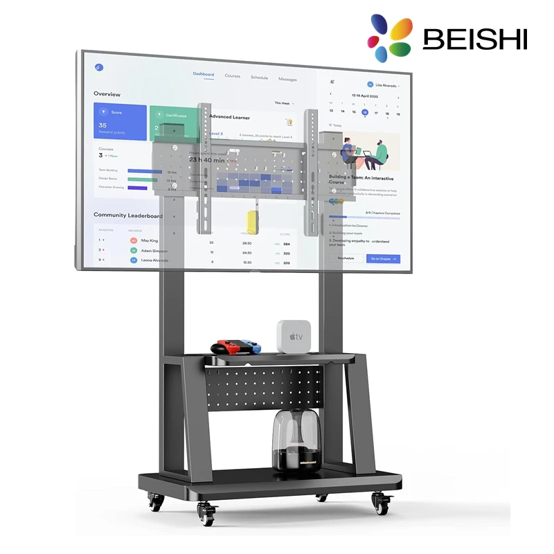 Soporte para TV móvil, carrito rodante para TV con ruedas para LED plano/curvo/LCD/OLED de 32-75 pulgadas, soporte para TV de suelo portátil con plataforma con orificios