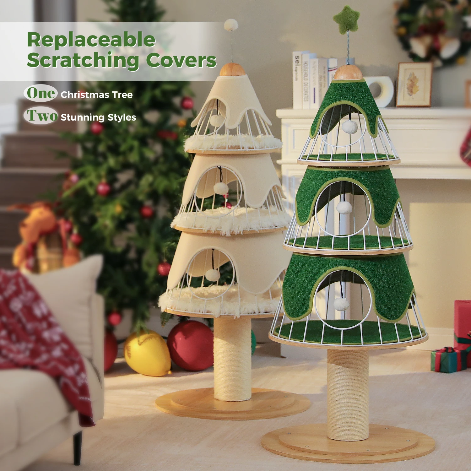 Torre para gatos funcional, árbol navideño para gatos rojo y verde con condominio acogedor, postes rascadores de sisal, muebles para gatos, accesorios para gatos, interior - imagen 3