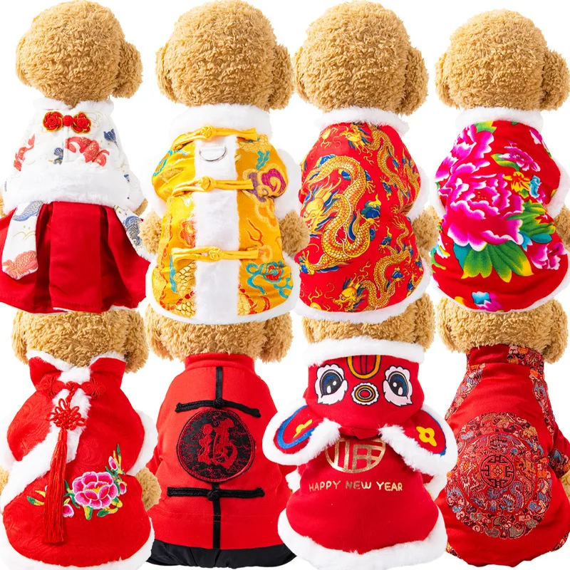 Ropa de invierno para gatos, ropa Tang para mascotas, peluche de otoño e invierno, ropa acolchada de algodón cálida y gruesa para Año Nuevo Chino e Invierno - imagen 2