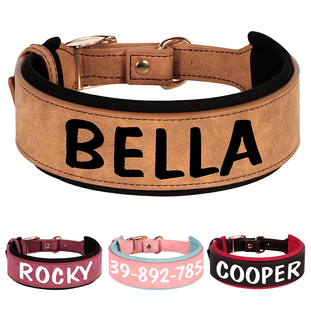 Collar de perro con estampado personalizado, collares anchos de cuero con nombre para perros, collares grandes y acolchados suaves para perros medianos y grandes, estampado gratuito rosa