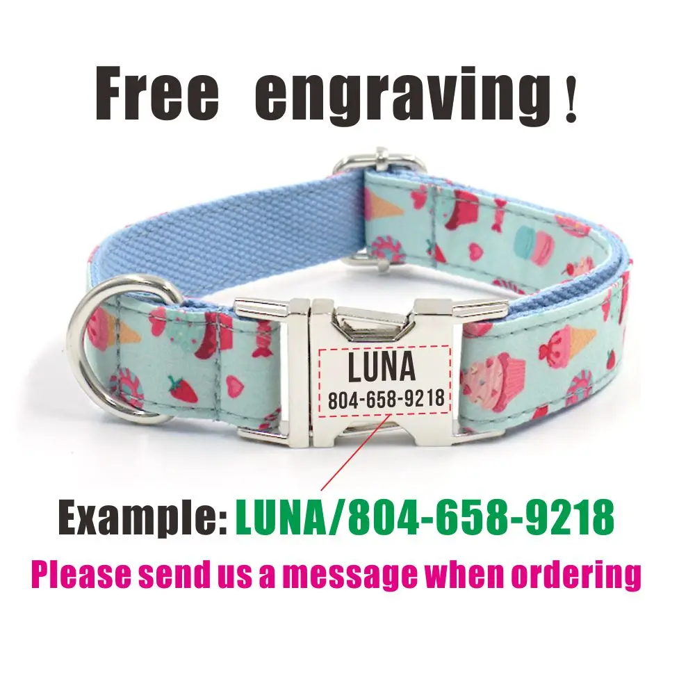 Collar de perro personalizado con grabado gratis, correa para mascotas a juego, hebilla de Metal de contactos personalizados, bonito Collar para mascotas con pastel de taza de crema - imagen 4