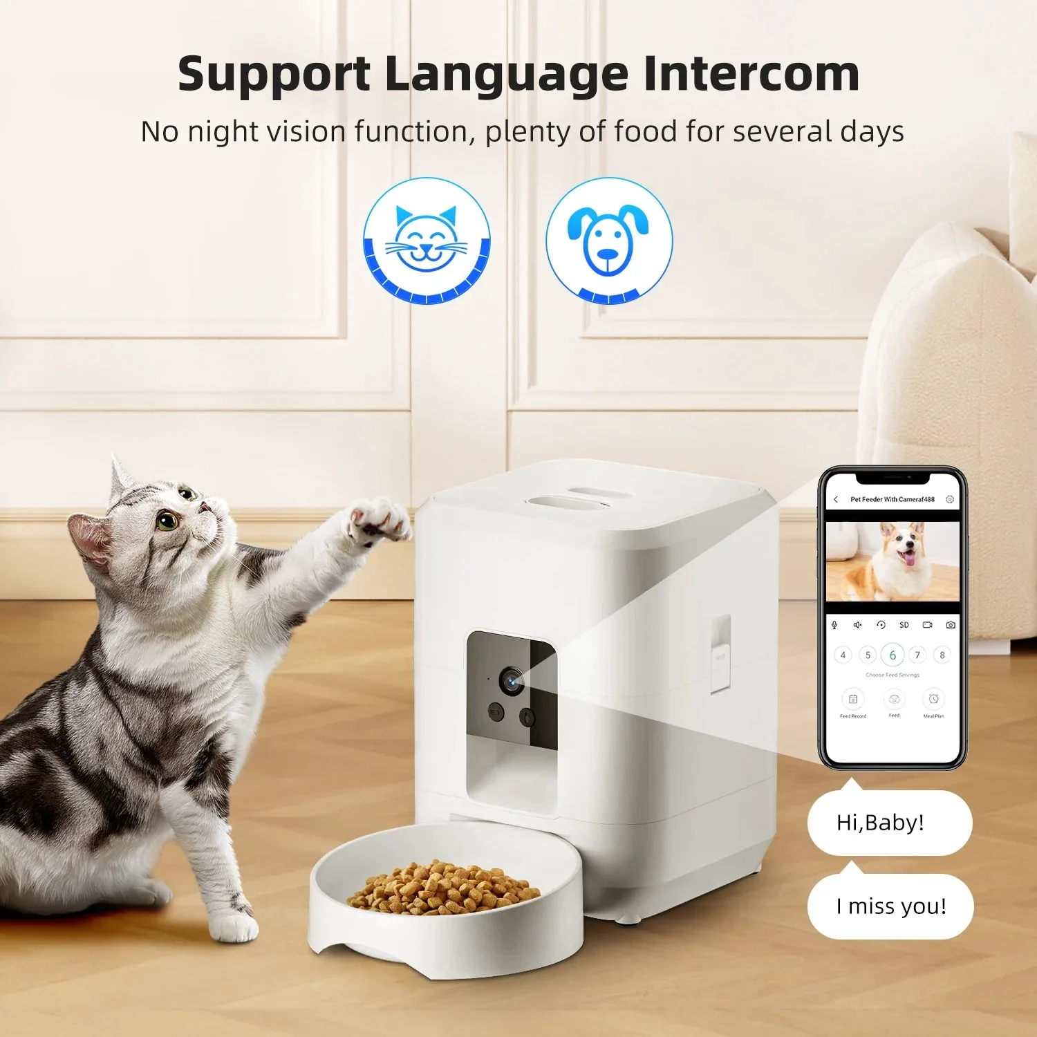 Alimentador automático para mascotas Wi-Fi de 2L, alimentador inteligente para mascotas y alimentador controlado por cámara, dispensador de comida para perros y gatos, aplicación remota (sin enchufe de 5V 2A - imagen 3