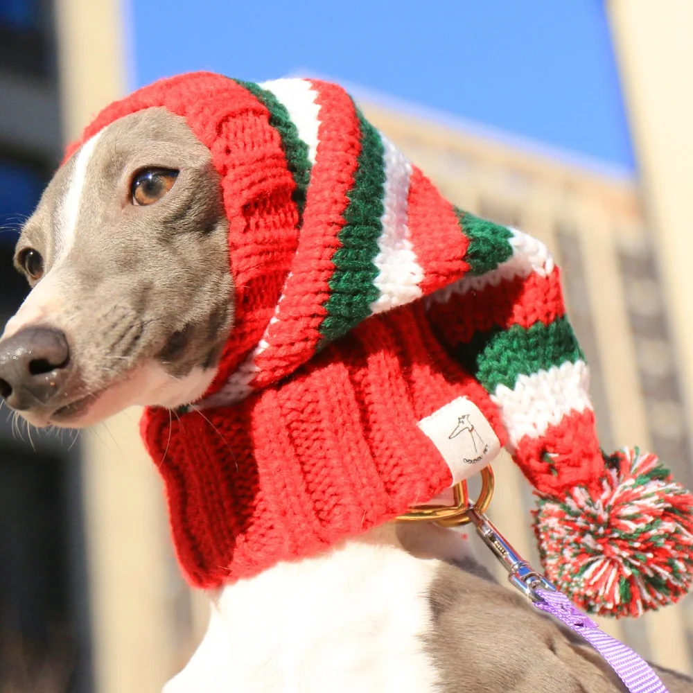 Gorro navideño de punto a rayas rojas con bola de lana para perros medianos, gorro suave y cálido con patrón de Año Nuevo para galgo italiano en invierno - imagen 5