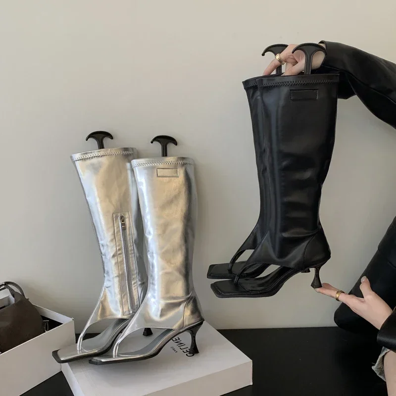Botas hasta la rodilla con Clip y Punta abierta plateadas, botines modernos para mujer, tacones bajos finos, cremallera lateral, zapatos de tacón para fiesta de primavera, sandalias - imagen 4
