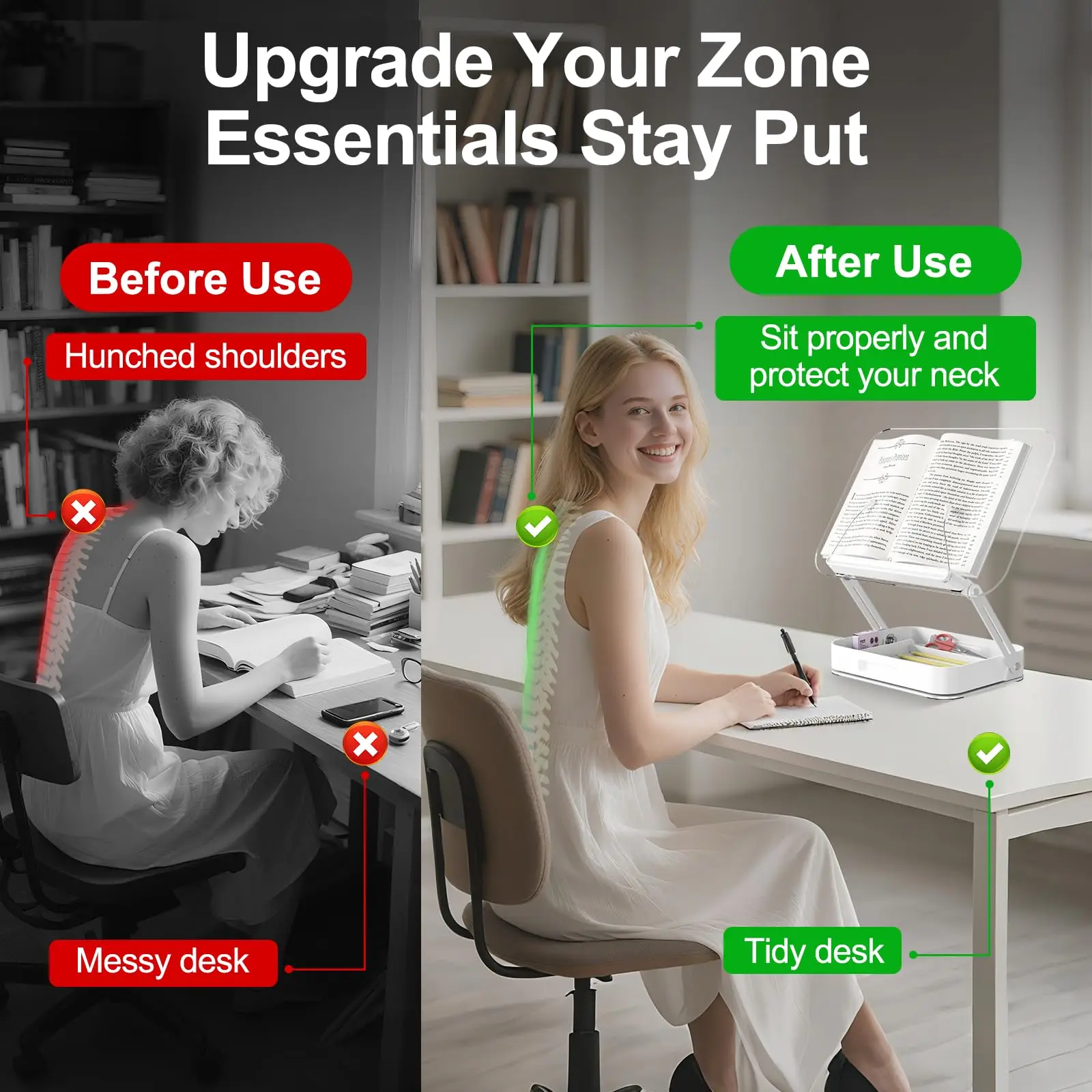 Soporte de acrílico para libros con almacenamiento, soporte ajustable para libros para leer con 360 °   Bases giratorias, soporte elevador de escritorio plegable - imagen 3