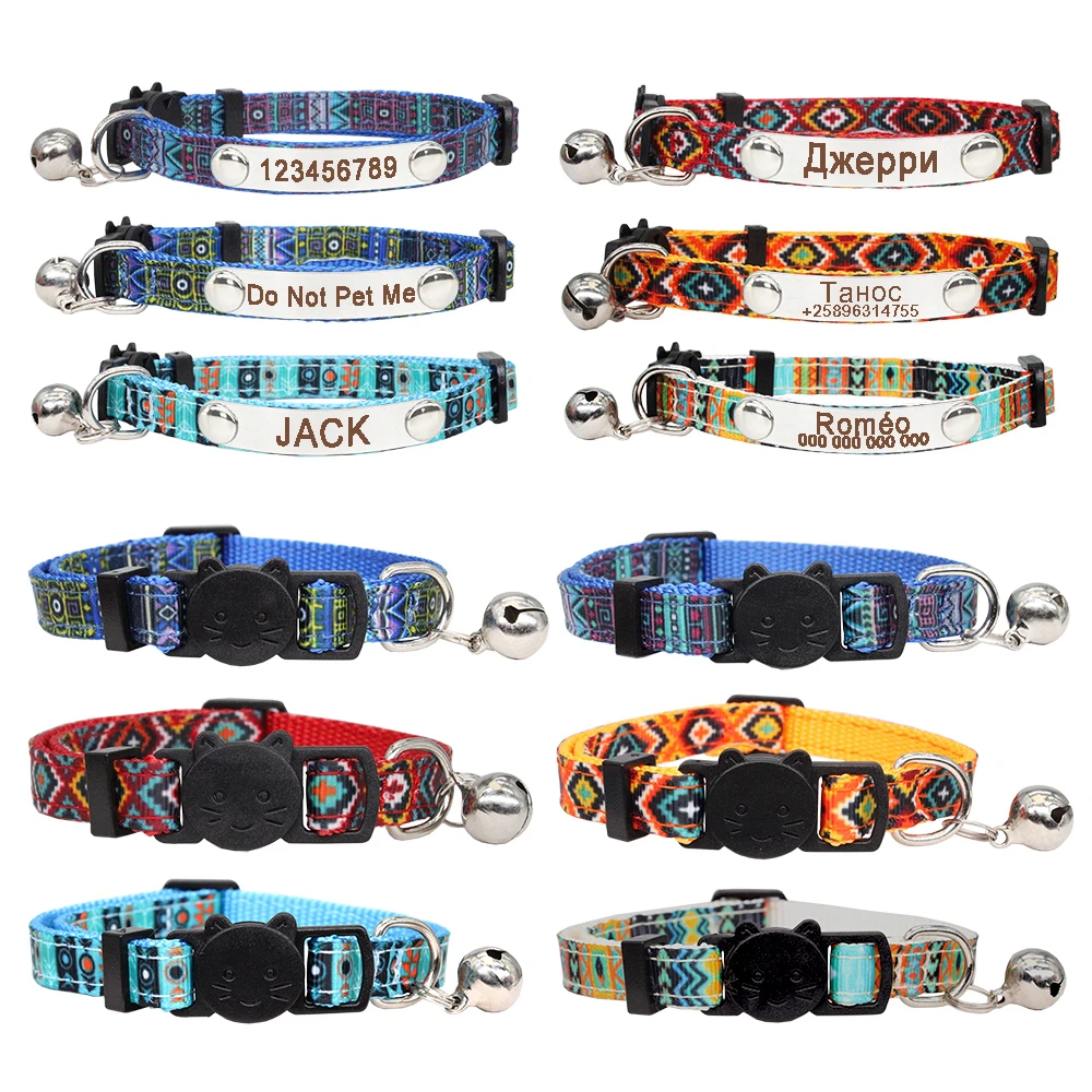 Collar de hebilla de seguridad de gato de identificación personalizada, estilo bohemio, placa de identificación personalizada ajustable, Collar de nailon de acero inoxidable con grabado gratis - imagen 3