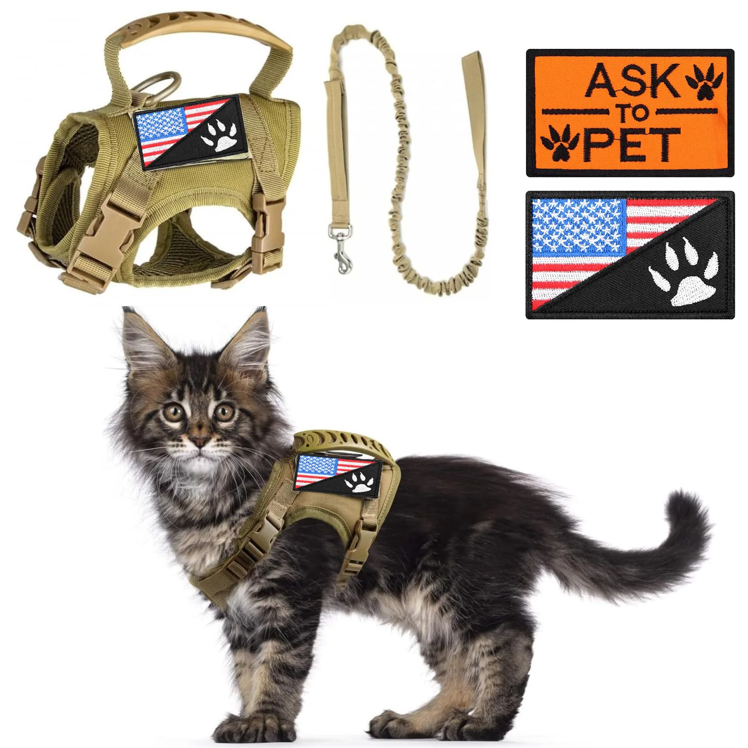 Arnés táctico para perros pequeños y gatos, chaleco militar con 2 parches y correa ajustable para entrenamiento y trabajo, accesorios tácticos