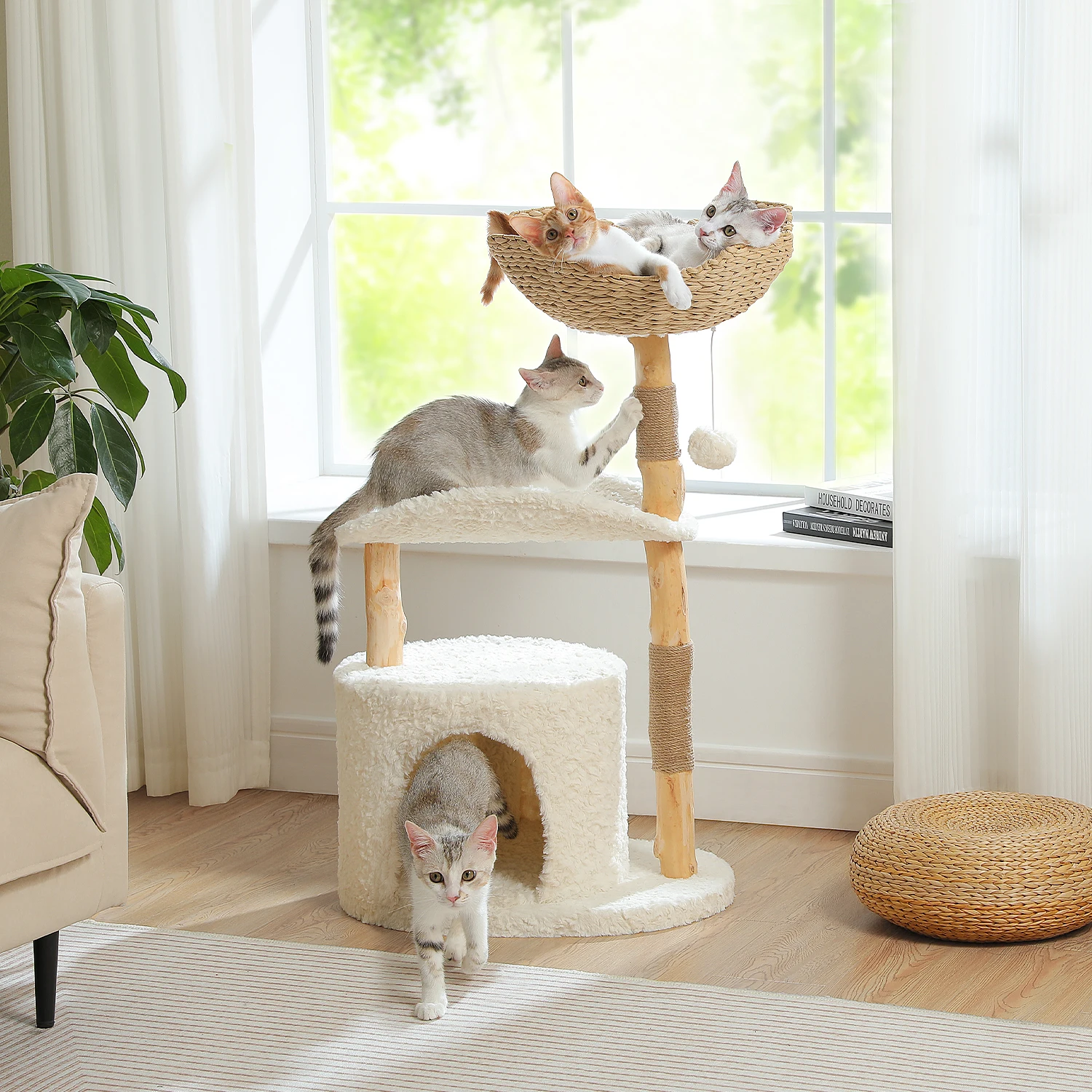 Torre moderna de árbol para gatos con postes rascadores de madera maciza Natural, bonita cesta de mimbre, cama de condón para gatos de lujo para juguetes de interior para gatos