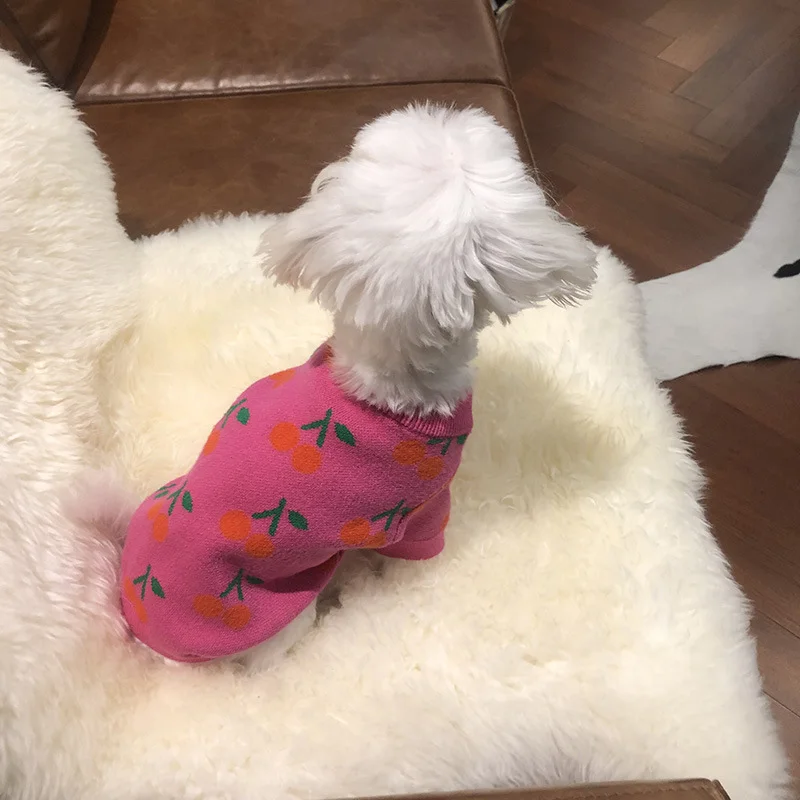 Ropa para perros de compañía, cuello alto de invierno, ropa de Navidad para perros pequeños, suéter de cereza bordado con rejilla de diamantes, ropa para cachorros, perro pequeño