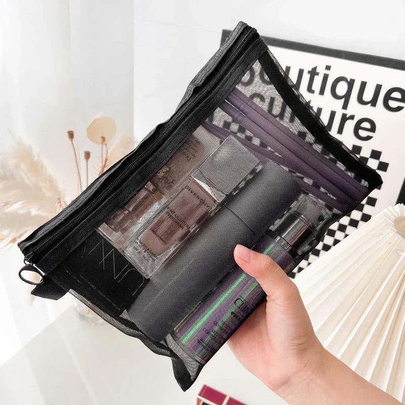 Bolsas de cosméticos transparentes de malla, bolsa de maquillaje negra pequeña y grande, organizador de artículos de tocador de viaje portátil, bolsa de almacenamiento de lápiz labial, 1/3 Uds. - imagen 3