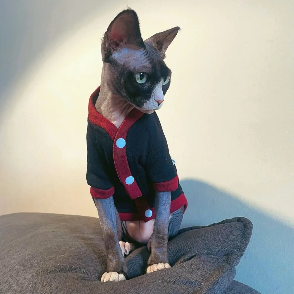 Abrigo de cárdigan de invierno raglán de manga larga de algodón cepillado negro rojo para sudadera del alfabeto de dibujos animados del gato Devon Rex Sphinx en primavera - imagen 5